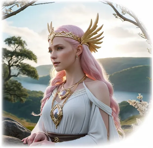 Prompt: Fulla Norse Goddess maiden,  hyper realistic, HD 4k 3D, professional modeling, ethereal, light pink hair, pale skin, gorgeous face, gorgeous gold jewelry and headband, full body, ambient glow, landscape, detailed, elegant, ethereal, mythical, goddess, surreal lighting, majestic, goddesslike aura, Norse Mythology