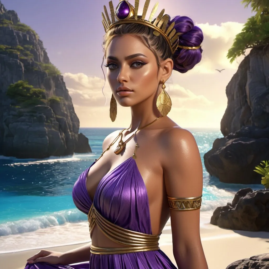 Prompt: HD 4k 3D, hyper realistic, professional modeling, ethereal Greek Goddess Island Nymph, purple messy bun, brown skin, gorgeous face, island dress, tigers eye jewelry and tropical crown, full body, Island nymph, island bluff, surrounded by divine glow, detailed, elegant, ethereal, mythical, Greek, goddess, surreal lighting, majestic, goddesslike aura