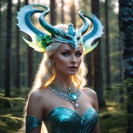 Prompt: Finnish Ajatar is an evil female spirit. She lives in the woods located at the mountains, She is closely associated with serpents, and is often depicted in modern art as a dragon or half-humanoid and serpentine figure, hyper realistic, HD 4k 3D, professional modeling, ethereal, gorgeous face, Finnish jewelry and headpiece, ambient divine glow, detailed and intricate, elegant, ethereal, mythical, goddess, radiant lighting, majestic, goddesslike aura, mystic Finland landscape