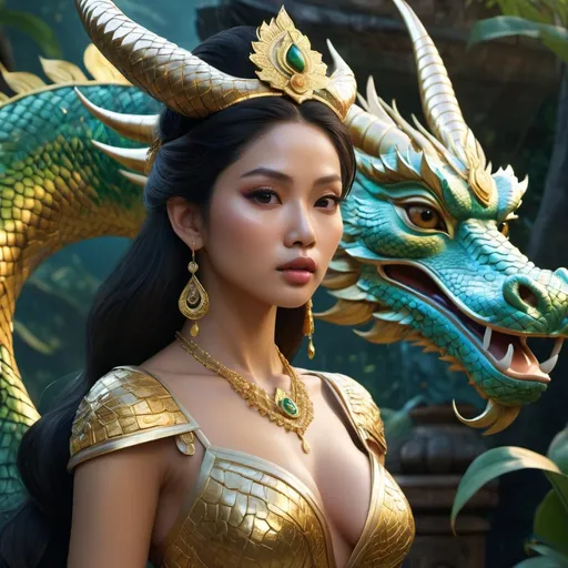 Prompt: HD 4k 3D, hyper realistic, professional modeling, enchanted Southeast Asian Princess - Raya, beautiful, magical, detailed, highly realistic woman, high fantasy background, Vietnam, Asian dragon, elegant, ethereal, mythical, Greek goddess, surreal lighting, majestic, goddesslike aura, Annie Leibovitz style 