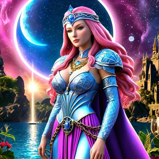 Prompt: anime, girl, detailed, pink hair, very detailed, HD 4k 3D 8k professional modeling photo hyper realistic beautiful woman enchanted, Princess Ida of Xanth,A small moon called Ptero orbits over her, holding every person in Xanth there ever was or might be. Ida is the caretaker of every conceivable and inconceivable idea. The chain of moons extends to Mundania and cycles back to Ida herself, close up surrounded by ambient glow, magical, highly detailed, intricate, outdoor  landscape, high fantasy background, elegant, mythical, surreal lighting, majestic, goddesslike aura, Annie Leibovitz style 