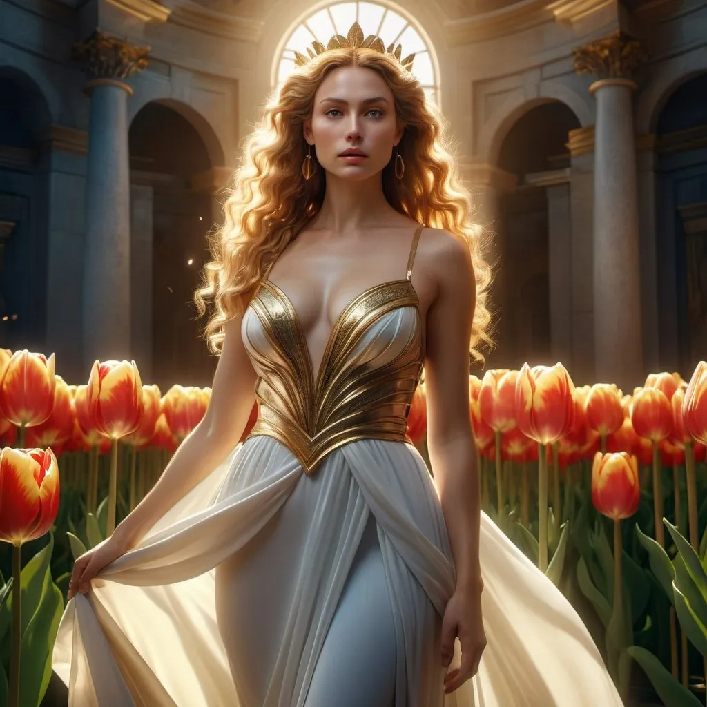 Prompt: HD 4k 3D 8k professional modeling photo hyper realistic beautiful woman Dutch Summer Princess ethereal greek goddess gorgeous face full body surrounded by ambient glow, enchanted, magical, detailed, highly realistic woman, high fantasy background, tulip dress, elegant, mythical, surreal lighting, majestic, goddesslike aura, Annie Leibovitz style 

