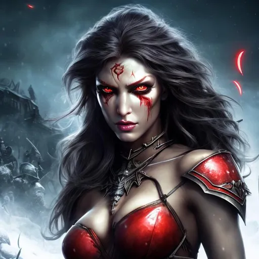 Prompt: HD 4k 3D 8k professional modeling photo hyper realistic beautiful barbarian demon woman ethereal greek goddess of mad rage and frenzy
dark gray hair red eyes gorgeous face pale skin scarred shiny tattered armored dress  full body surrounded by evil glow hd landscape background tough woman at night with falling snow and rabid wolves at her command