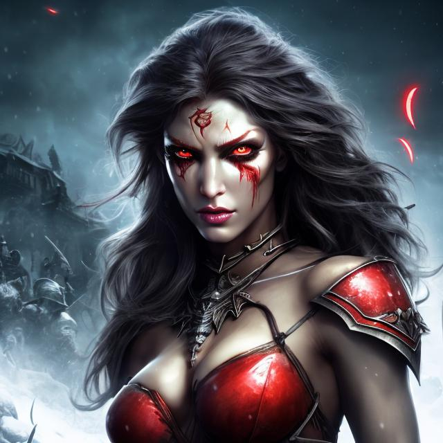 Prompt: HD 4k 3D 8k professional modeling photo hyper realistic beautiful barbarian demon woman ethereal greek goddess of mad rage and frenzy
dark gray hair red eyes gorgeous face pale skin scarred shiny tattered armored dress  full body surrounded by evil glow hd landscape background tough woman at night with falling snow and rabid wolves at her command