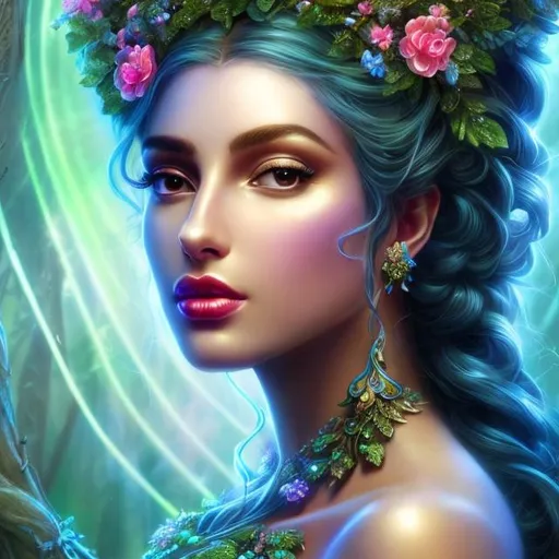 Prompt: HD 4k 3D, hyper realistic, professional modeling, ethereal Greek goddess of trees, blue topsy tail hair, black skin, gorgeous face, gorgeous tree dress, tree jewelry and headband, full body, ambient neon glow, tree nymph mountain, landscape, detailed, elegant, ethereal, mythical, Greek, goddess, surreal lighting, majestic, goddesslike aura