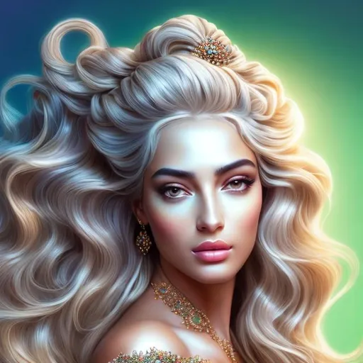 Prompt: HD 4k 3D, hyper realistic, professional modeling, ethereal Greek goddess of dawn, light green ombre hair, brown skin, pink shimmering gown, gorgeous face, sparkling jewelry and headband, full body, ambient glow of dawn, alluring sun goddess, detailed, elegant, ethereal, mythical, Greek, goddess, surreal lighting, majestic, goddesslike aura