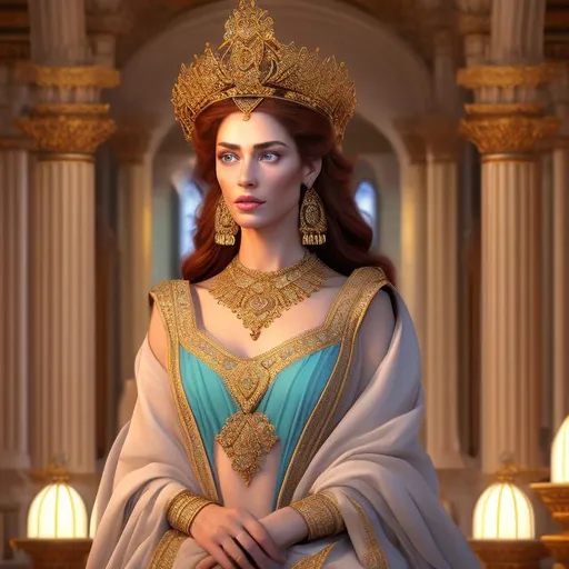 Prompt: HD 4k 3D 8k professional modeling photo hyper realistic beautiful regal Queen woman ethereal greek goddess of virtue and character
scarlet hair blue eyes fair freckled skin gorgeous face regal grecian gown opulent jewelry crown full body surrounded by ambient glorious glow hd landscape background on church throne, stained glass, vases, lamps
