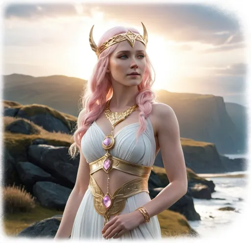 Prompt: Fulla Norse Goddess maiden,  hyper realistic, HD 4k 3D, professional modeling, ethereal, light pink hair, pale skin, gorgeous face, gorgeous gold jewelry and headband, full body, ambient glow, landscape, detailed, elegant, ethereal, mythical, goddess, surreal lighting, majestic, goddesslike aura, Norse Mythology