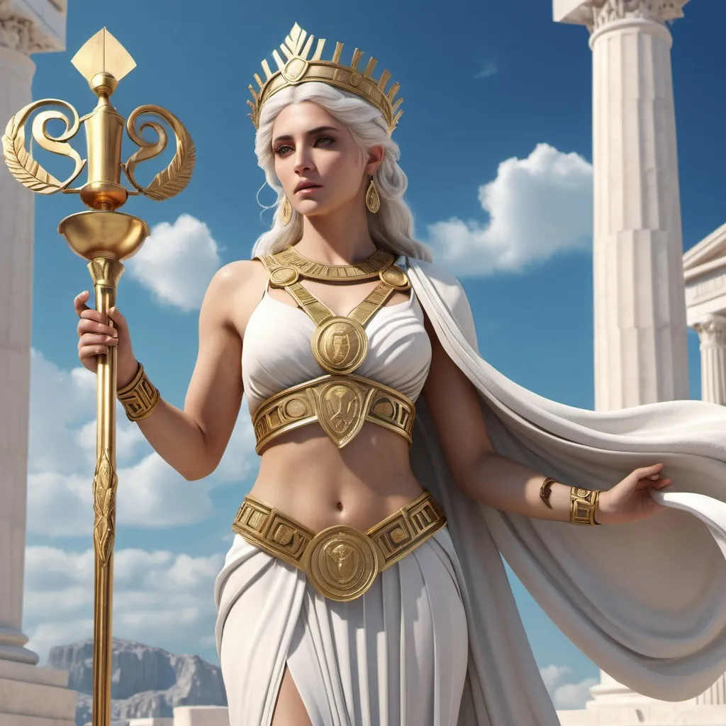 Prompt: HD 4k 3D, hyper realistic, professional modeling, ethereal Greek Muse of History, straight white hair, fair skin, gorgeous face, grecian warrior outfit, onyx jewelry and laurel crown, full body, proclaimer, glorious, holding scrolls and lyre, on mount olympus, detailed, elegant, ethereal, mythical, Greek, goddess, surreal lighting, majestic, goddesslike aura