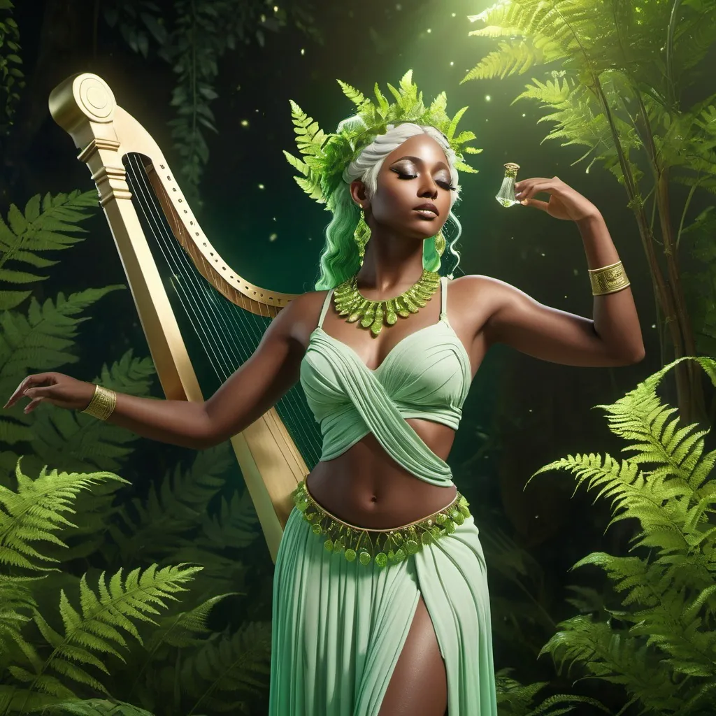 Prompt: HD 4k 3D, hyper realistic, professional modeling, ethereal Greek Muse of Dance, pale green hair, dark skin, gorgeous face, grecian two piece outfit, peridot jewelry and diadem, full body, dancer, playing lyre, surrounded by ferns, delight,  detailed, elegant, ethereal, mythical, Greek, goddess, surreal lighting, majestic, goddesslike aura