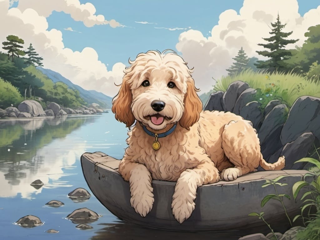 Prompt: 2d studio ghibli anime style, goldendoodle