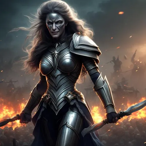 Prompt: HD 4k 3D 8k professional modeling photo hyper realistic beautiful frail demon woman ethereal greek goddess of retreat
dark blue hair updo yellow eyes gorgeous face pale skin tattered armor with shield and white flag full body surrounded by ambient glow hd landscape background retreating from battle 
