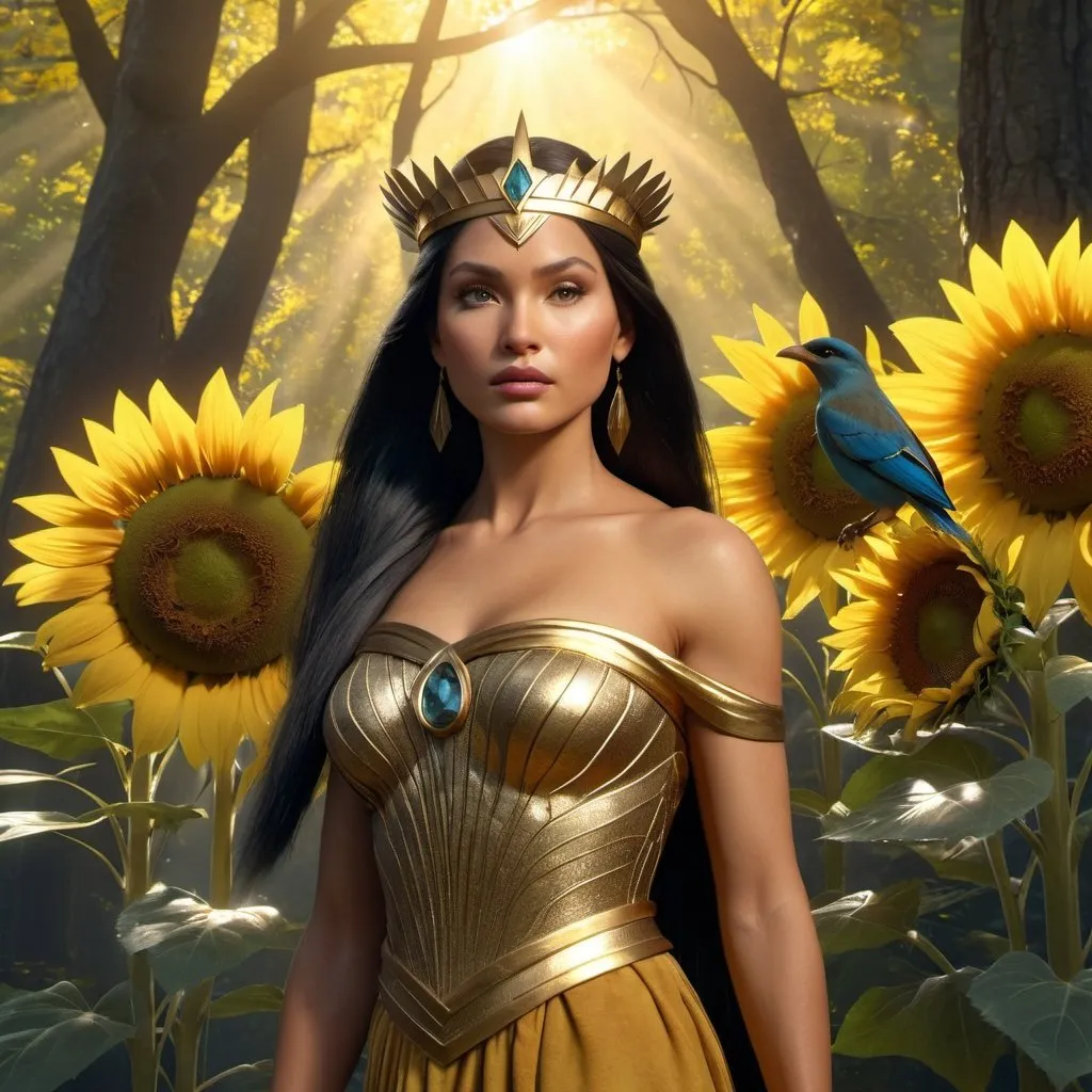 Prompt: HD 4k 3D, hyper realistic, professional modeling, enchanted Algonquin Princess - Pocahontas, beautiful, magical, detailed, highly realistic woman, high fantasy background, precolonial Virginia, forest, sunflowers, elegant, ethereal, mythical, Greek goddess, surreal lighting, majestic, goddesslike aura, Annie Leibovitz style 