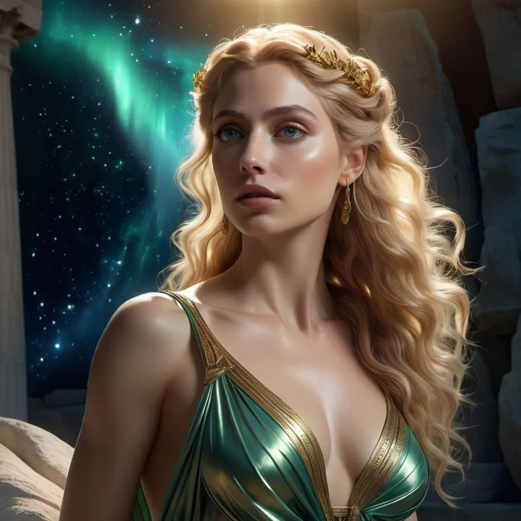 Prompt: HD 4k 3D, hyper realistic, professional modeling, enchanted modern Alternative Rock style Aurora, beautiful, magical, detailed, highly realistic woman, elegant, ethereal, mythical, Greek goddess, surreal lighting, majestic, goddesslike aura, Annie Leibovitz style 