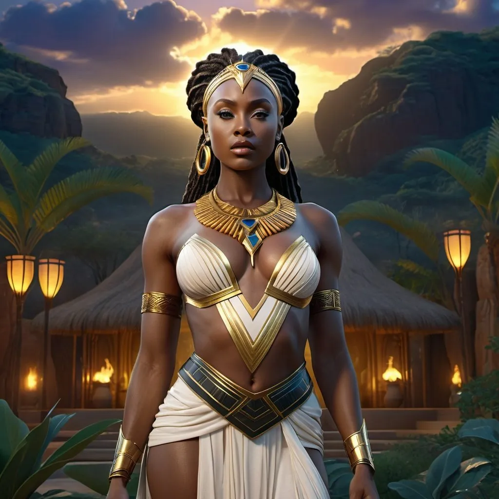 Prompt: HD 4k 3D 8k professional modeling photo hyper realistic beautiful woman enchanted Wakanda Princess, ethereal greek goddess, full body surrounded by ambient glow, magical, highly detailed, intricate, lush african paradise at twilight, outdoor landscape, highly realistic woman, high fantasy background, elegant, mythical, surreal lighting, majestic, goddesslike aura, Annie Leibovitz style 

