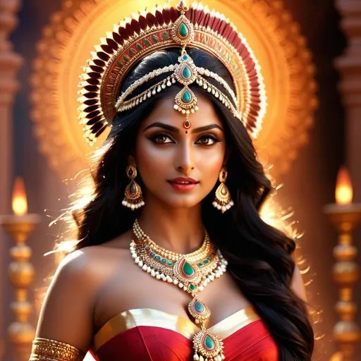 Prompt: Aana Marutha is mythological figure popular in Kerala state of India. Aana Marutha is often depicted as a bloodsucking evil spirit. She is known for her lusty quest and beauty. hyper realistic, HD 4k 3D, professional modeling, ethereal, gorgeous face, Indian jewelry and headpiece, ambient divine glow, detailed and intricate, elegant, ethereal, mythical, goddess, radiant lighting, majestic, goddesslike aura, mystic Indian realm that shows her power