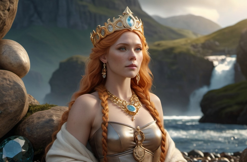 Prompt: Gersemi Norse Goddess of Treasure,  hyper realistic, HD 4k 3D, professional modeling, ethereal, light orange hair, beige freckled skin, gorgeous face, gorgeous jewelry and diadem, full body, surrounded by treasure and precious gems, ambient glow, landscape, detailed, elegant, ethereal, mythical, goddess, surreal lighting, majestic, goddesslike aura, Norse Mythology