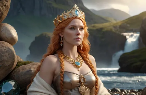 Prompt: Gersemi Norse Goddess of Treasure,  hyper realistic, HD 4k 3D, professional modeling, ethereal, light orange hair, beige freckled skin, gorgeous face, gorgeous jewelry and diadem, full body, surrounded by treasure and precious gems, ambient glow, landscape, detailed, elegant, ethereal, mythical, goddess, surreal lighting, majestic, goddesslike aura, Norse Mythology