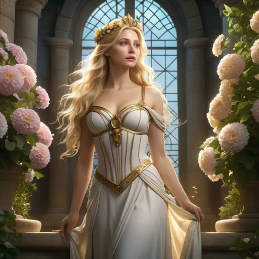Prompt: HD 4k 3D, hyper realistic, professional modeling, enchanted German Princess - maiden in tower, long blonde hair, beautiful, magical, high fantasy background, tower covered in flowers and garden, detailed, highly realistic woman, elegant, ethereal, mythical, Greek goddess, surreal lighting, majestic, goddesslike aura, Annie Leibovitz style 