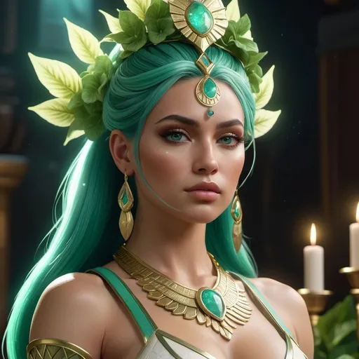 Prompt: HD 4k 3D, 8k, hyper realistic, professional modeling, ethereal Greek Goddess and Amazonian Warrior, green ponytail hair, ivory skin, gorgeous glowing face, Amazonian Warrior armor, apatiite jewelry and crown, Amazon warrior and hunter, full body, adorned with petunia flowers, strong, powerful, surrounded by ambient divine glow, detailed, elegant, mythical, surreal dramatic lighting, majestic, goddesslike aura