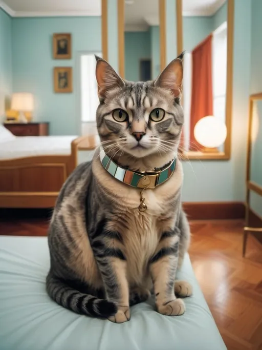 Prompt: a cat with a collar on sitting on a woman's arm in a room with a bed and a mirror, Carlos Catasse, cubo-futurism, ghibli, a stock photo