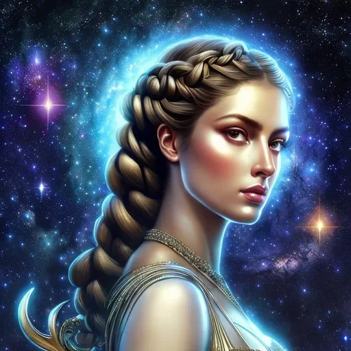 Prompt: HD 4k 3D, hyper realistic, professional modeling, ethereal Greek goddess of the stars,  bronze braided bun hair, black skin, gorgeous face, gorgeous starry gown, starry jewelry and headband of stars, angel wings, full body, ambient starlight glow, overlooking island, dazzling light, landscape, detailed, elegant, ethereal, mythical, Greek, goddess, surreal lighting, majestic, goddesslike aura