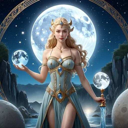 Prompt: tarot card Anime illustration, Bil Norse Goddess of lunar phases, waxing and waning moon, hyperrealistic, HD 4k 3D 8k professional modeling photo, beautiful pale woman enchanted, carrying pail of water, close up full body surrounded by ambient glow, magical, highly detailed, intricate, mythical background, elegant, surreal lighting, majestic, goddesslike aura