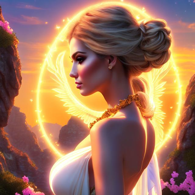 Prompt: HD 4k 3D 8k professional modeling photo hyper realistic beautiful woman ethereal greek goddess  of sunrise 
white pigtail hair pale skin gorgeous face shining gown amber jewelry amber crown she has wings like a bird full body surrounded by ambient morning glow hd landscape she is on an island at sunrise

