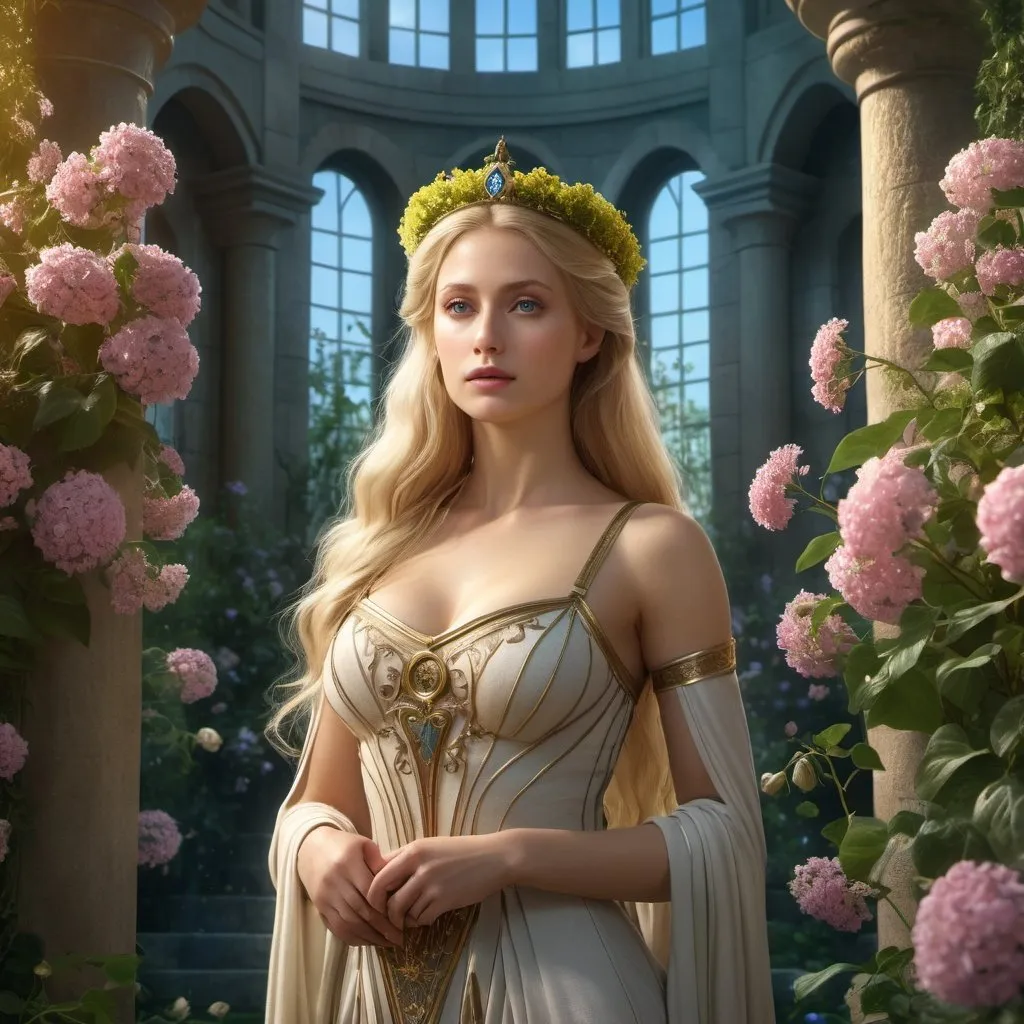 Prompt: HD 4k 3D, hyper realistic, professional modeling, enchanted German Princess - maiden in tower, long blonde hair, beautiful, magical, high fantasy background, tower covered in flowers and garden, detailed, highly realistic woman, elegant, ethereal, mythical, Greek goddess, surreal lighting, majestic, goddesslike aura, Annie Leibovitz style 