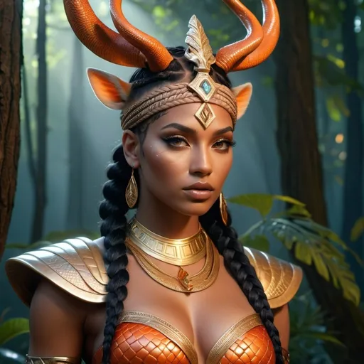 Prompt: HD 4k 3D, 8k, hyper realistic, professional modeling, ethereal Greek Goddess and Amazonian Queen, orange french braided hair, dark skin, gorgeous glowing face, Amazonian Warrior reptile scales armor, red jewelry and headband, Amazon warrior, tattoos, full body, forest at dusk, deer companions, surrounded by ambient divine glow, detailed, elegant, mythical, surreal dramatic lighting, majestic, goddesslike aura