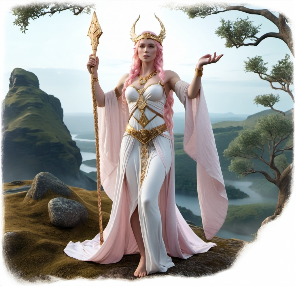 Prompt: Fulla Norse Goddess maiden,  hyper realistic, HD 4k 3D, professional modeling, ethereal, light pink hair, pale skin, gorgeous face, gorgeous gold jewelry and headband, full body, ambient glow, landscape, detailed, elegant, ethereal, mythical, goddess, surreal lighting, majestic, goddesslike aura, Norse Mythology