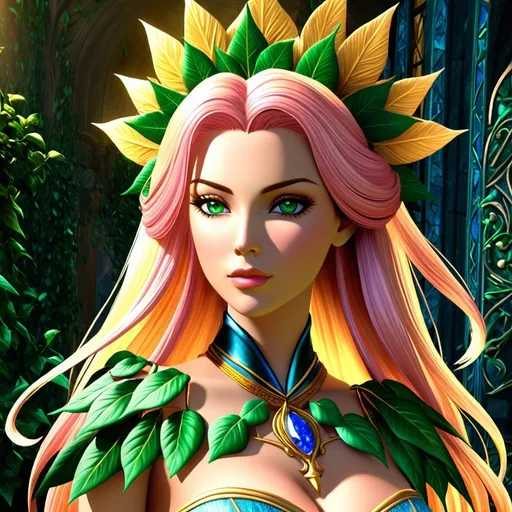 Prompt: anime, girl, detailed, very detailed, anime, girl, detailed, pink hair, very detailed, HD 4k 3D 8k professional modeling photo hyper realistic beautiful woman enchanted, Princess Ivy of Xanth, She can enhance people and objects; for example, by improving their endurance and aim. Ivy is capable of enhancing any quality she desires, or even to make things as she unconsciously perceives them, She has blonde hair with a tinge of green, close up surrounded by ambient glow, magical, highly detailed, intricate, outdoor  landscape, high fantasy background, elegant, mythical, surreal lighting, majestic, goddesslike aura, Annie Leibovitz style 