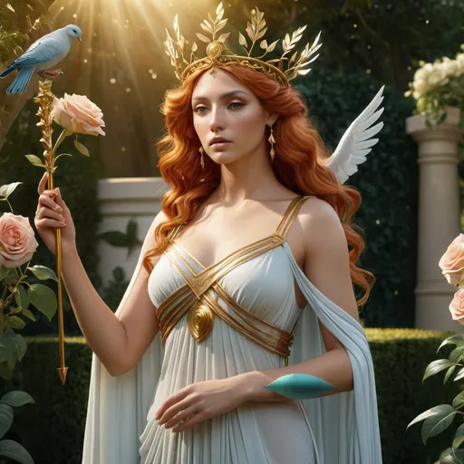 Prompt: HD 4k 3D, hyper realistic, professional modeling, ethereal Greek Muse of Lyric Poetry, light red hair, olive skin, gorgeous face, grecian gossamer gown, topaz jewelry and myrtle crown, full body, lovely, holding gold arrow, in rose garden, romantic, turtle doves,  detailed, elegant, ethereal, mythical, Greek, goddess, surreal lighting, majestic, goddesslike aura