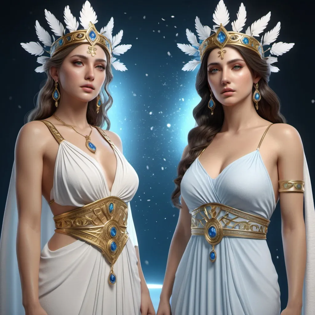 Prompt: HD 4k 3D, hyper realistic, professional modeling, ethereal Greek twin sister Goddesses, , gorgeous face, Greek dresses,  jewelry and crowns, full body, one is the goddess and embodiment of winter, the other is the embodiment and goddess of summer, detailed, elegant, ethereal, mythical, Greek, goddess, surreal lighting, majestic, goddesslike aura