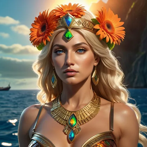 Prompt: HD 4k 3D, 8k, hyper realistic, professional modeling, ethereal Greek Goddess and Queen of the Amazons, blonde hair, fair skin, gorgeous glowing face, Amazonian Warrior, ammolite jewelry and diadem, Amazon warrior on ship at sea, full body, adorned with gerbera flowers, strong, powerful, leader, surrounded by ambient divine glow, detailed, elegant, mythical, surreal dramatic lighting, majestic, goddesslike aura