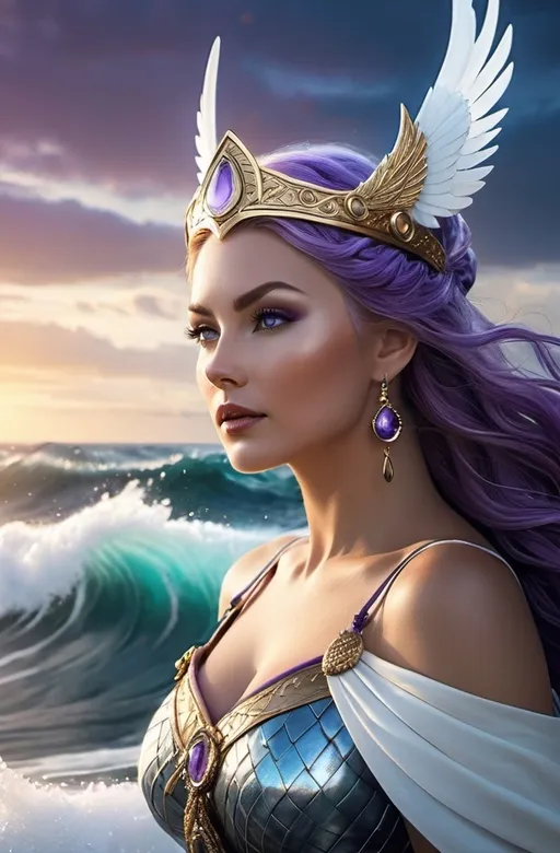 Prompt: Nahalennia Norse Goddess of the Sea, hyper realistic, HD 4k 3D, professional modeling, ethereal, bright purple bun hair, white skin, gorgeous face, gorgeous jewelry and diadem of seashells, powerful Ocean Valkyrie on a Viking Ship, loyal dog at her side, crashing waves, ambient divine glow, detailed and intricate, elegant, ethereal, mythical, goddess, radiant lighting, majestic, goddesslike aura, Norse Viking Mythology