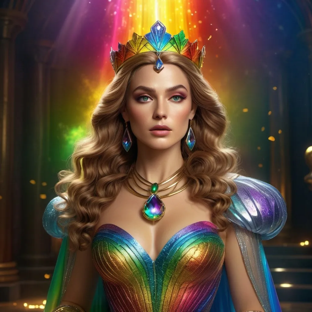 Prompt: HD 4k 3D 8k professional modeling photo hyper realistic beautiful rainbow woman Princess of Oz ethereal greek goddess gorgeous face full body surrounded by ambient glow, enchanted, magical, detailed, highly realistic woman, high fantasy background, immortal enchantress, elegant, mythical, surreal lighting, majestic, goddesslike aura, Annie Leibovitz style 

