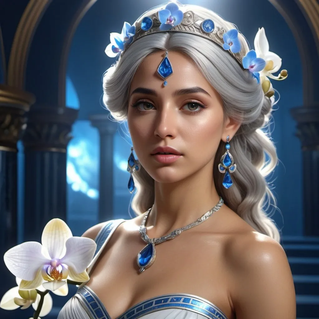 Prompt: HD 4k 3D, 8k, hyper realistic, professional modeling, ethereal Greek Goddess and Cretan Princess, silver hair, mixed skin, gorgeous glowing face, blue and white dress, brown jewelry and diadem, bright and shining, orchids, Goddess of Love, surrounded by ambient divinity glow, detailed, elegant, mythical, surreal dramatic lighting, majestic, goddesslike aura