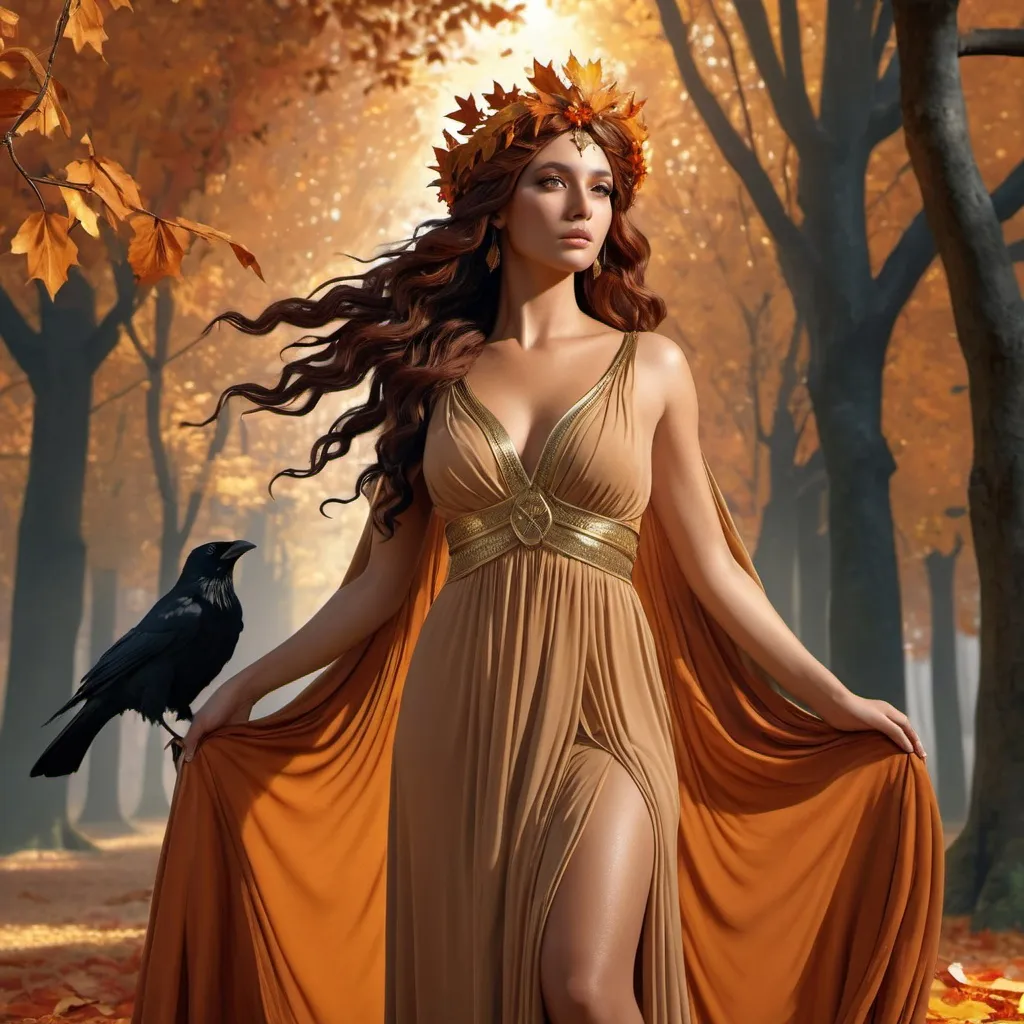 Prompt: HD 4k 3D, hyper realistic, professional modeling, ethereal Greek goddess of Autumn, dark orange hair, tan skin, gorgeous face, grecian chiffon dress, autumn jewelry and autumn leaves crown, full body, embodiment of autumn and changing colors, falling leaves, forest, crows and ravens, detailed, elegant, ethereal, mythical, Greek, goddess, surreal lighting, majestic, goddesslike aura