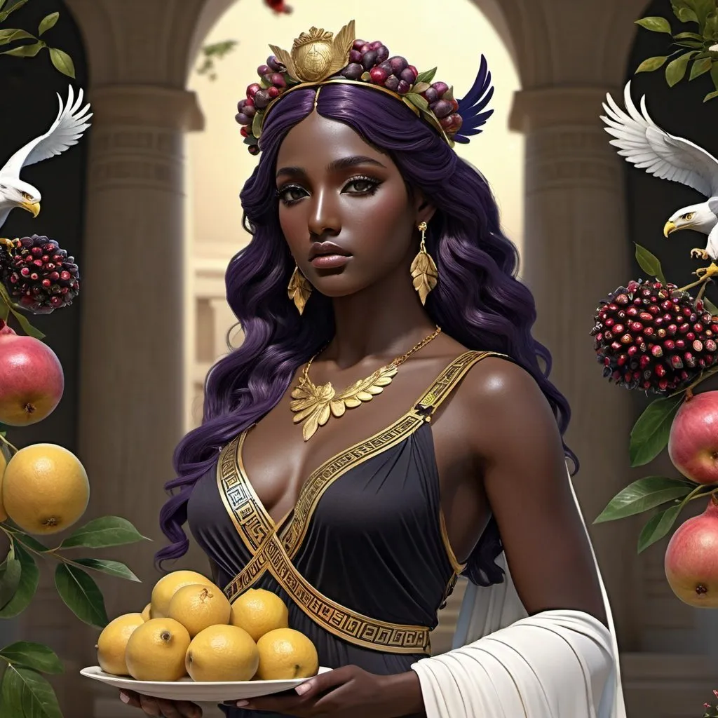 Prompt: HD 4k 3D, hyper realistic, professional modeling, ethereal Greek Goddess of Youth, dark purple hair, black skin, gorgeous face,  grecian sleeveless dress, gold jewelry and floral headband, full body, wings,  eternal youth and beauty, cup-bearer, eagle companion, pomegranates, and blooming floral garden, detailed, elegant, ethereal, mythical, Greek, goddess, surreal lighting, majestic, goddesslike aura