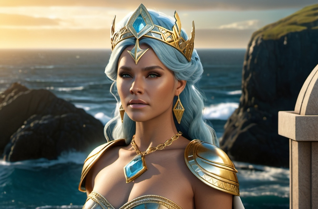 Prompt: Gullveig Norse Goddess of Gold,  hyper realistic, HD 4k 3D, professional modeling, ethereal, light blue updo hair, light brown skin, gorgeous face, gorgeous gold jewelry and headband, full body, in a chamber of gold, ambient glow, ocean landscape, detailed, elegant, ethereal, mythical, goddess, moody lighting, majestic, goddesslike aura, Norse Mythology