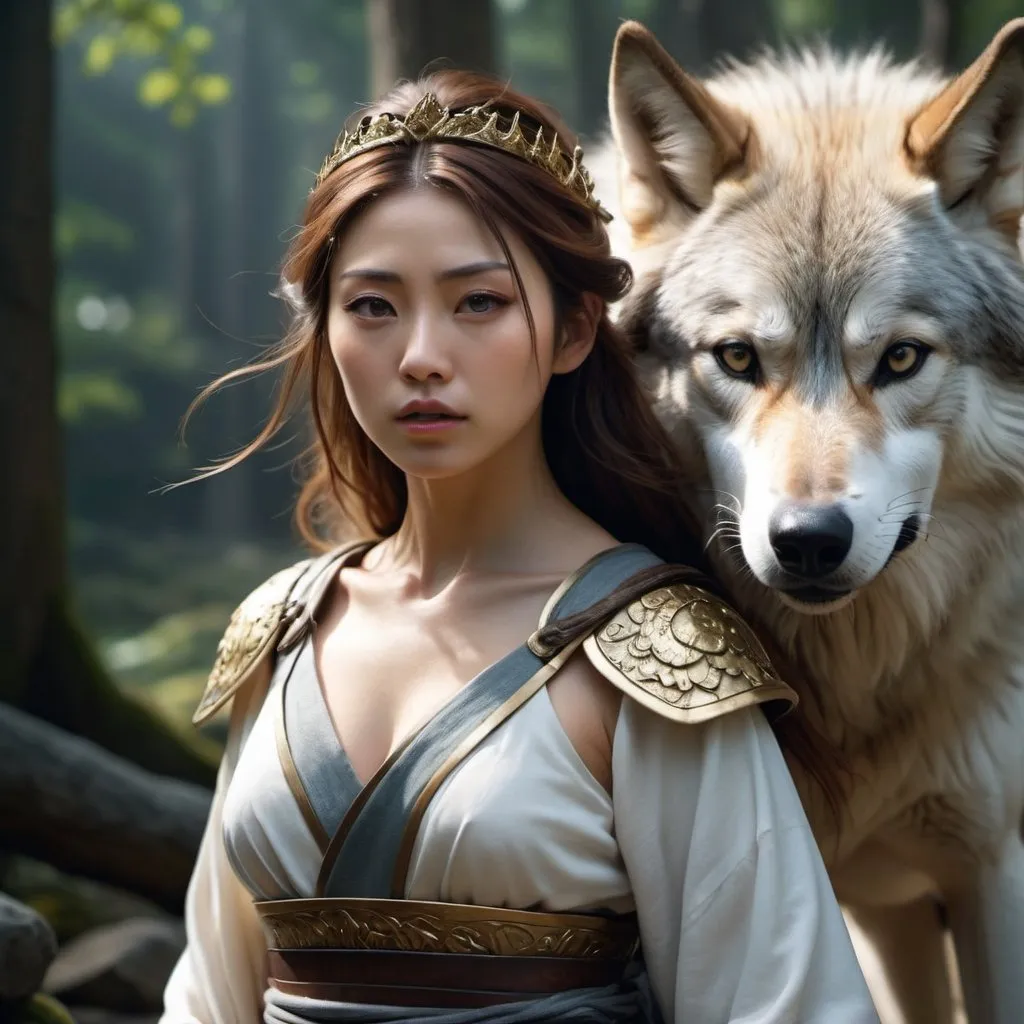 Prompt: HD 4k 3D, hyper realistic, professional modeling, enchanted Japanese Warrior Princess - San, strong, beautiful, magical, wolves, high fantasy background, detailed, highly realistic woman, elegant, ethereal, mythical, Greek goddess, surreal lighting, majestic, goddesslike aura, Annie Leibovitz style 