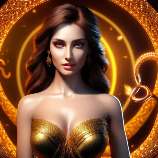 Prompt: HD 4k 3D 8k professional modeling photo hyper realistic beautiful woman ethereal greek goddess severer of life
red hair dark eyes gorgeous face brown skin elegant greek dress and jewelry cutting golden thread of life full body surrounded by ambient glow hd landscape background dark cosmos surrounded by snakes and moths
