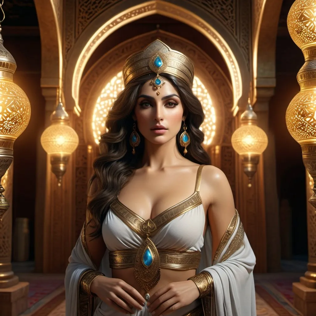 Prompt: HD 4k 3D 8k professional modeling photo hyper realistic beautiful woman Princess of Persia ethereal greek goddess gorgeous face full body surrounded by ambient glow, enchanted, magical, detailed, highly realistic woman, high fantasy background, Moroccan bazaar, elegant, mythical, surreal lighting, majestic, goddesslike aura, Annie Leibovitz style 

