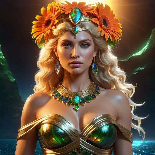 Prompt: HD 4k 3D, 8k, hyper realistic, professional modeling, ethereal Greek Goddess and Queen of the Amazons, blonde hair, fair skin, gorgeous glowing face, Amazonian Warrior, ammolite jewelry and diadem, Amazon warrior on ship at sea, full body, adorned with gerbera flowers, strong, powerful, leader, surrounded by ambient divine glow, detailed, elegant, mythical, surreal dramatic lighting, majestic, goddesslike aura