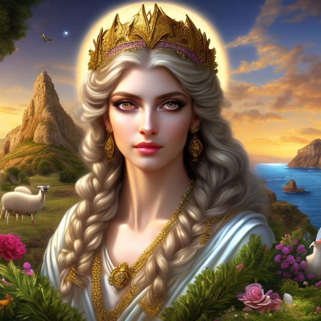 Prompt: HD 4k 3D 8k professional modeling photo hyper realistic beautiful priestess woman ethereal greek goddess of safety and salvation
rose colored hair green eyes pale skin gorgeous face grecian gown evil eye jewelry laurel wreath crown  full body surrounded by ambient holy glow hd landscape background greek coastline lambs and sheep in background
