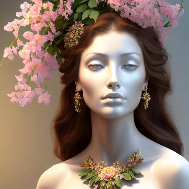 Prompt: HD 4k 3D, hyper realistic, professional modeling, ethereal Greek goddess of spring and flowers, red hair, brown skin, gorgeous face, gorgeous floral and green grecian dress, floral jewelry and flower headpiece, full body, ambient glow, flower nymph in springtime, landscape, detailed, elegant, ethereal, mythical, Greek, goddess, surreal lighting, majestic, goddesslike aura