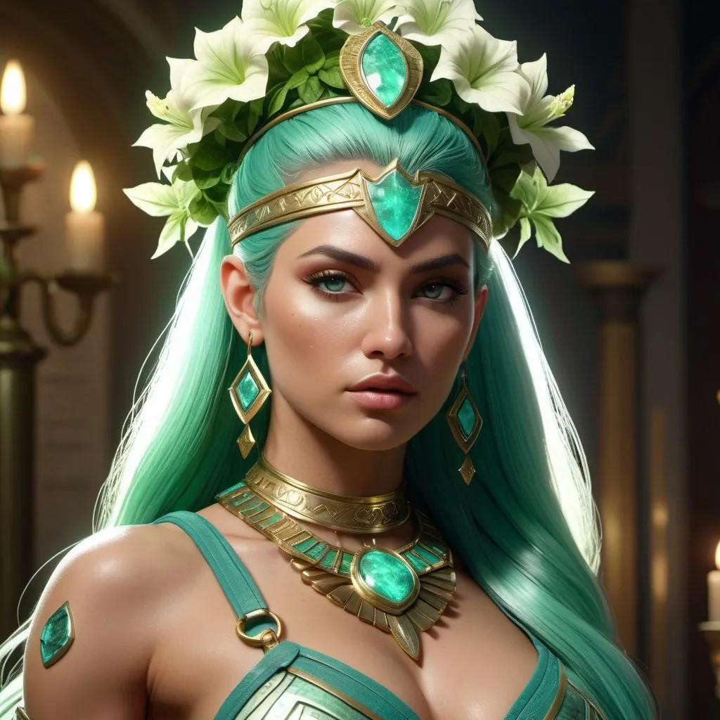 Prompt: HD 4k 3D, 8k, hyper realistic, professional modeling, ethereal Greek Goddess and Amazonian Warrior, green ponytail hair, ivory skin, gorgeous glowing face, Amazonian Warrior armor, apatiite jewelry and crown, Amazon warrior and hunter, full body, adorned with petunia flowers, strong, powerful, surrounded by ambient divine glow, detailed, elegant, mythical, surreal dramatic lighting, majestic, goddesslike aura