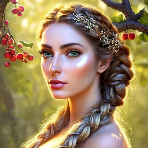 Prompt: HD 4k 3D, hyper realistic, professional modeling, ethereal Greek goddess of fruit trees, green french braided hair, pale skin, gorgeous face, gorgeous apple inspired dress, rustic jewelry and rustic crown, full body, ambient glow, apple tree nymph, landscape, detailed, elegant, ethereal, mythical, Greek, goddess, surreal lighting, majestic, goddesslike aura