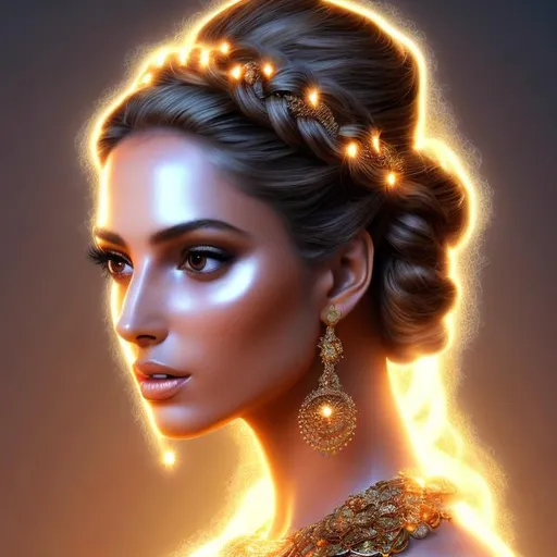 Prompt: HD 4k 3D, hyper realistic, professional modeling, ethereal Greek goddess of health, orange bubble braided hair, olive skin, gorgeous face, gorgeous radiant gown, dazzling jewelry and crown, full body, ambient glow, health goddess, ancient spa landscape, detailed, elegant, ethereal, mythical, Greek, goddess, surreal lighting, majestic, goddesslike aura